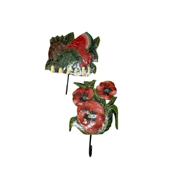 Vintage Metal Wall Hooks With Floral & Fruit Designs - Set Of 2 - Picture 2 of 11